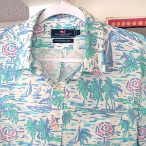 Vineyard Vines Mens L Slim Fit Murray Shirt Hawaiian Sailboats Beach Palm Trees